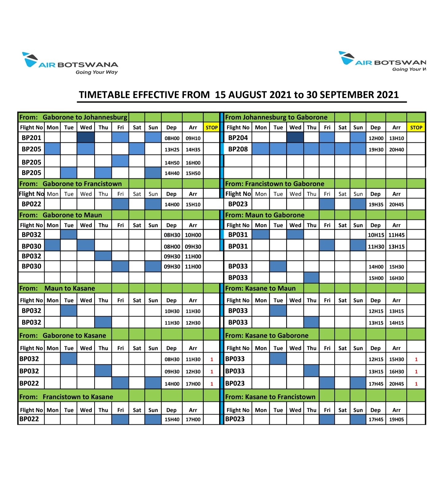 Air Botswana Flight Schedule