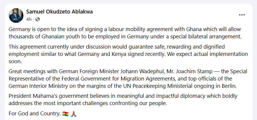 Screenshot of Samuel Okudzeto Ablakwa's facebook post